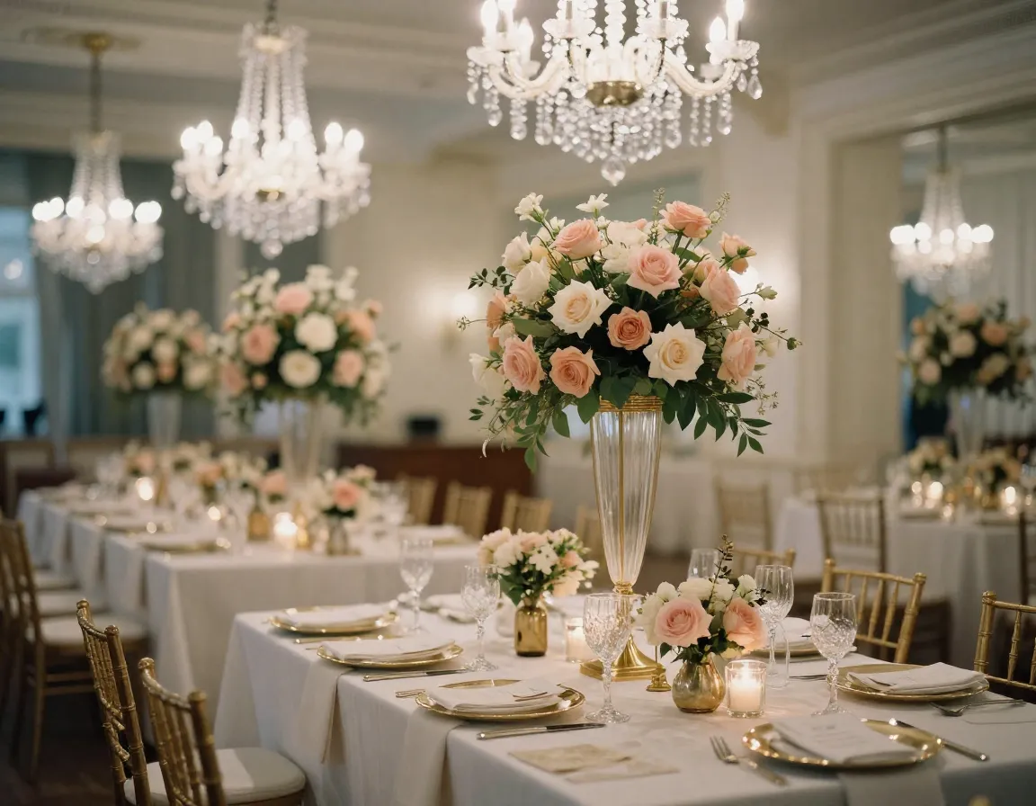 Sophisticated wedding reception styling with romantic lighting